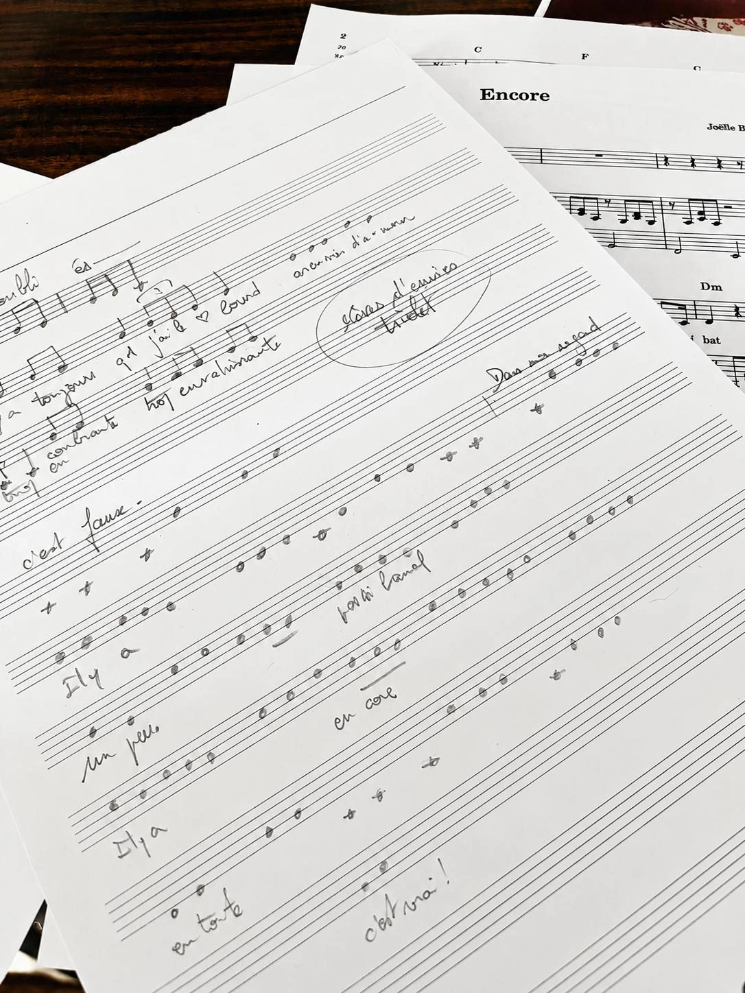 Brouillon de la chanson Encore de Joëlle Anne